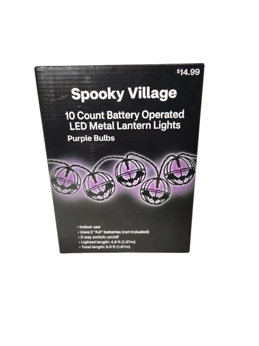 Spooky Village 10 LED Metal Lantern String Lights Purple Bulbs Halloween Decor